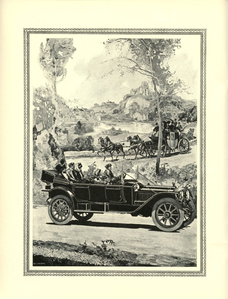 A Packard ad from 1913 what shows a packard car driving in front of a luxury carriage pulled by horses