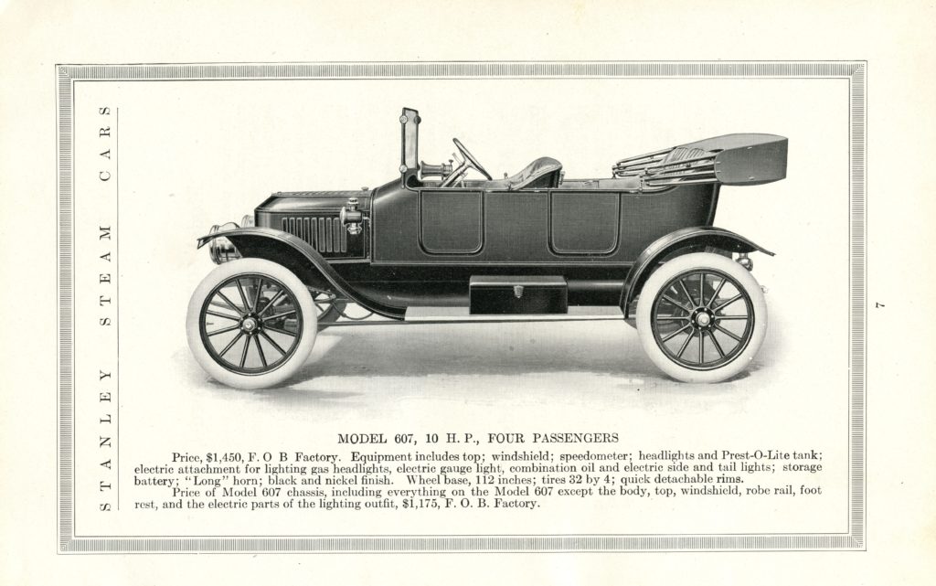 An ad of the 1914 Stanley Model 607, featuring a side profile of the car