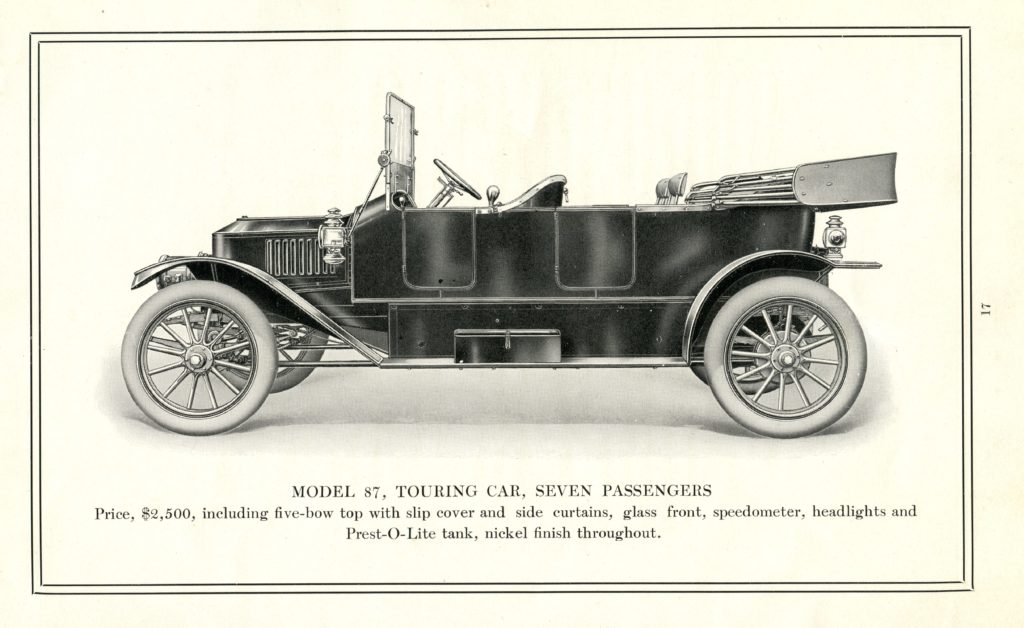 An advertisement of the 1912 Stanley Touring Model 87, featuring a side profile of the car