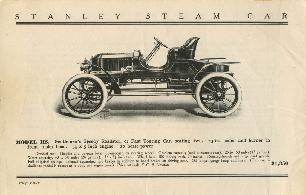 An advertisement for the 1908 Stanley Gentleman’s Speedy Roadster H-5 Ad, featuring a side profile of the car 