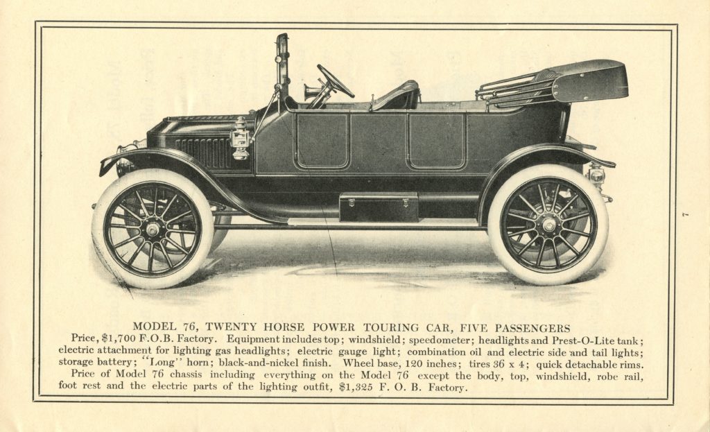 An ad of the 1913 Stanley Model 76, featuring a side profile of the car