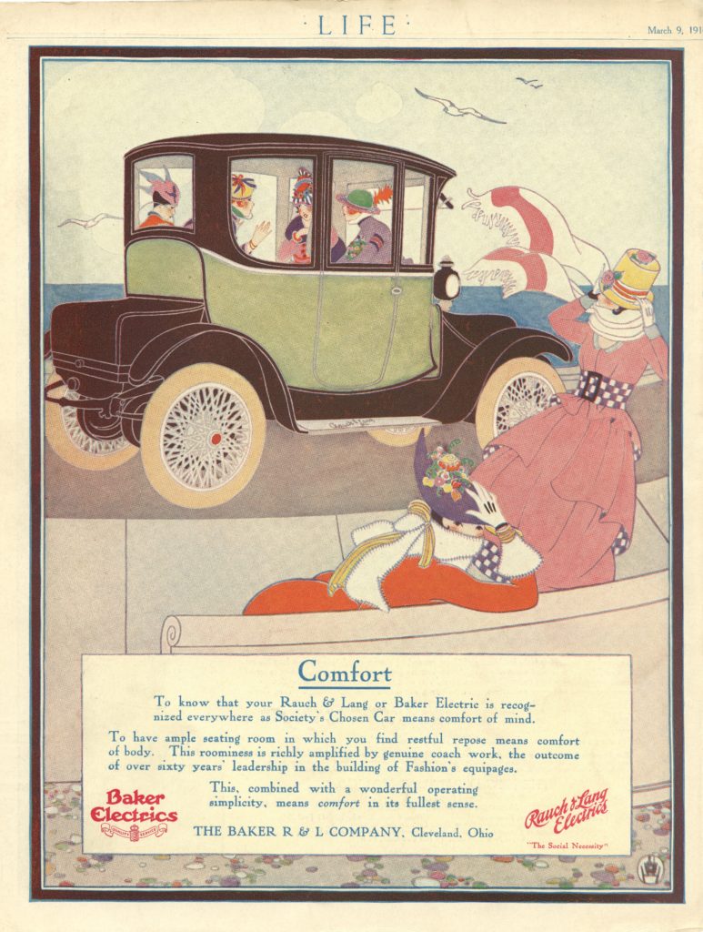 A drawing of women driving in and looking at a Rauch and Lang electric car. The car has a yellow upper body, a black lower body, and white wheels and spokes.