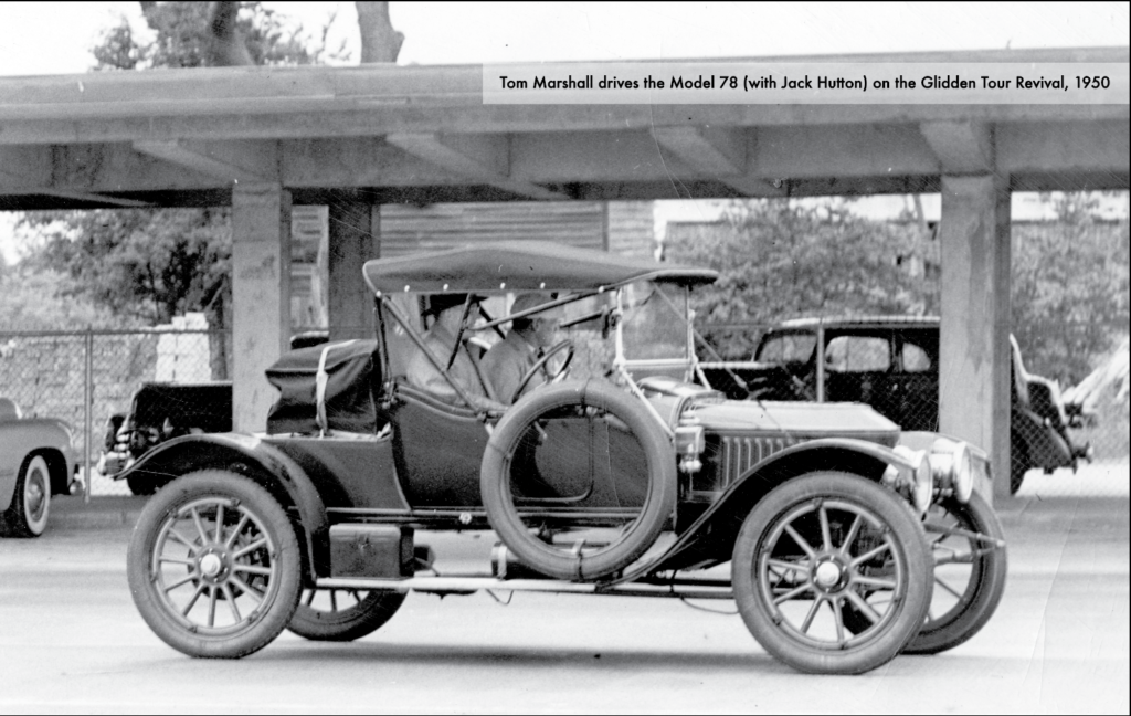Tom Marshall sits behind the wheel while Jack Hutton sits in the passenger side in this black and white photo of the Model 78