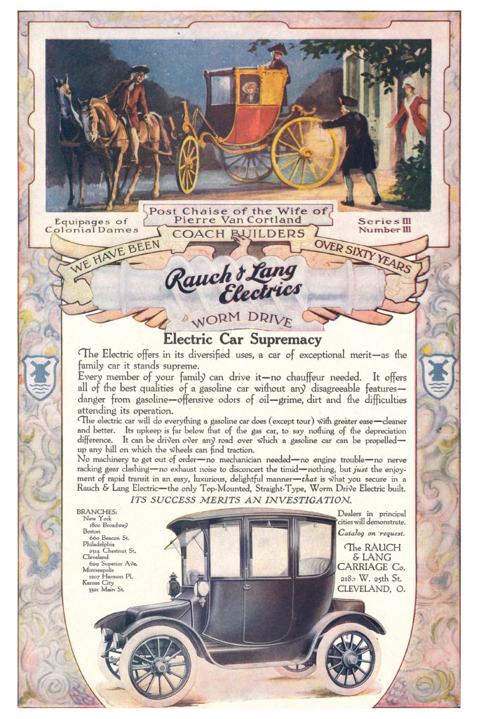An ad for Rauch and Lang electric cars that features a painting of a colonial-era horse and buggy, along with an illustration of a Rauch and Lang car